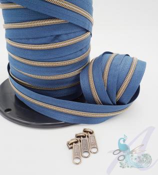 1m Endlos-Reißverschluss - Jeansblau altmessing - breit metallisiert